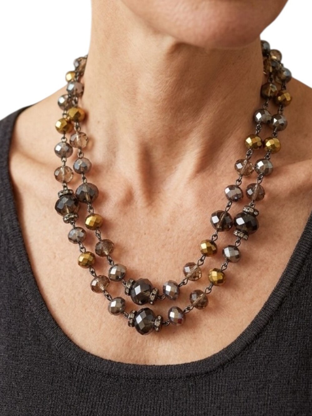 Double Strand Smoky & Gold Bronze Dark Grey Glass Crystal Faceted Bead Necklace